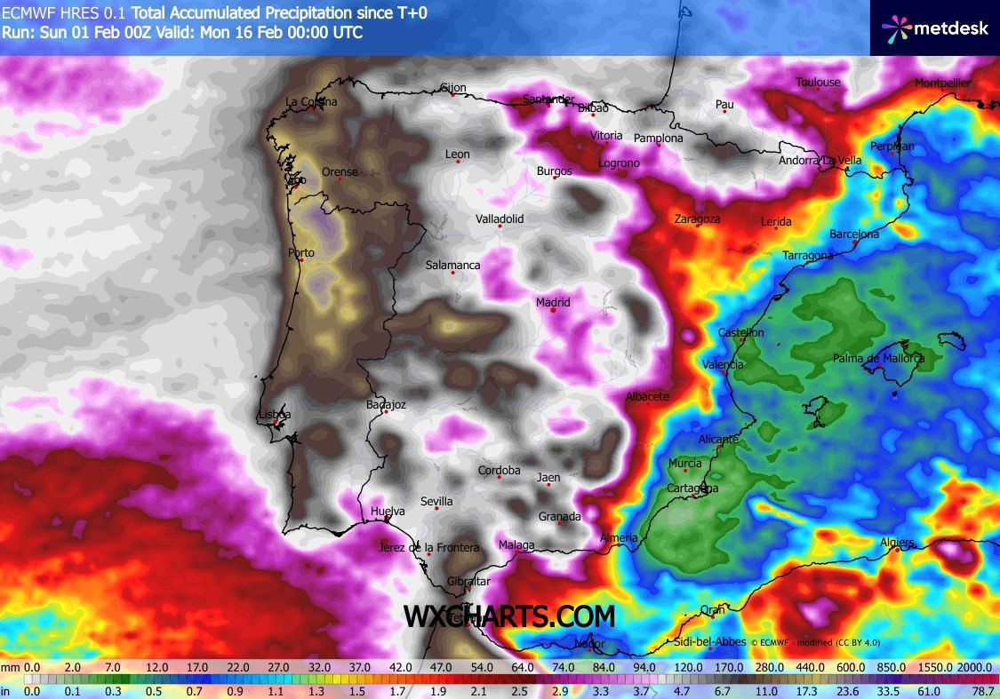 Portugal is facing an extremely dangerous situation. Between today and the middle of February, take a look at the amount of additional rain which may fall…👇