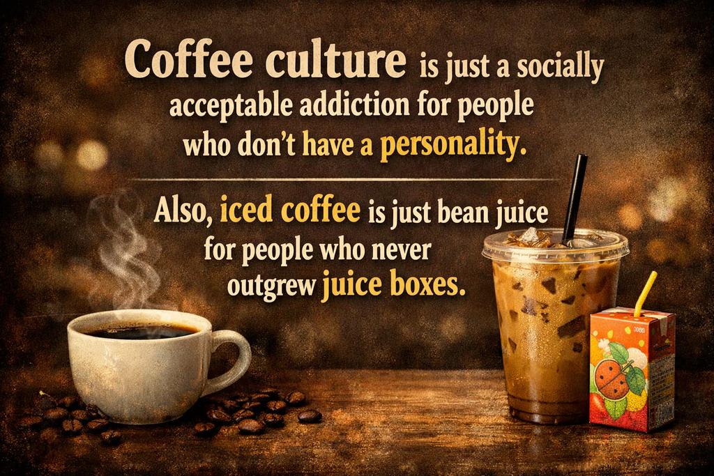 "Coffee culture is just a socially acceptable addiction for people who don't have a personality. Also, iced coffee is just bean juice for people who never outgrew juice boxes."