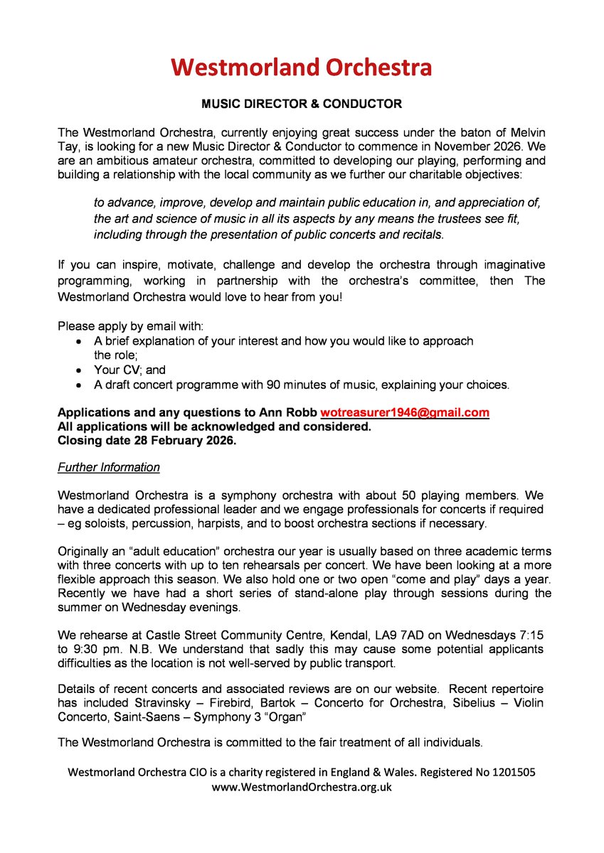 Are you or do you know someone who is looking for an opportunity to be #conductor of an #orchestra in #Cumbria? The closing date is February 28th and the right person would be able to start with us at the end of this year... Please #apply and/or share!