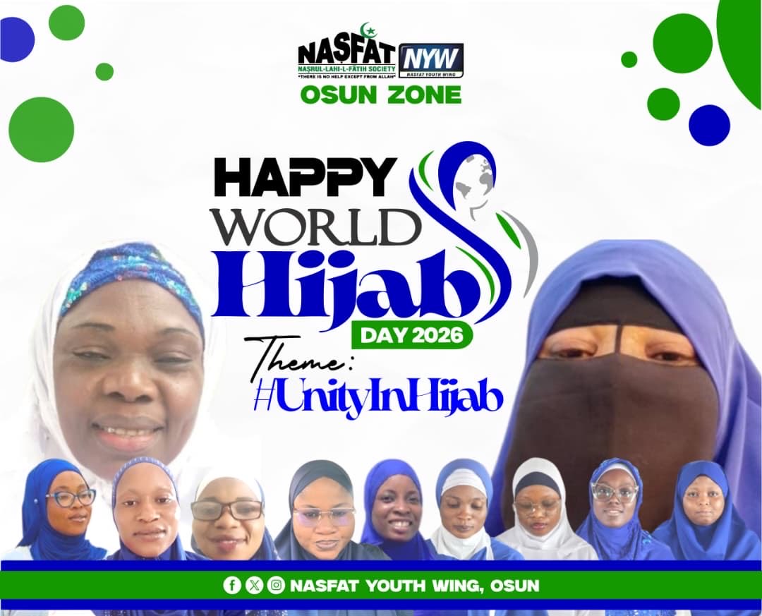 OsunNasfatYW's tweet photo. NASFAT YOUTH WING, OSUN ZONE

World Hijab Day Commemoration

World Hijab Day is observed annually to promote understanding, respect, and awareness of the Hijab as a symbol of faith, dignity, and identity. As we commemorate World Hijab Day 2026, under the theme “Unity in Hijab.” https://t.co/YAHbJNYhai