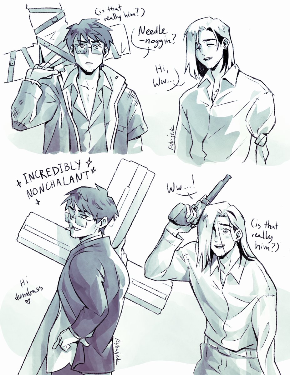 rybajek's tweet photo. vashwood reunion! How I thought it would happen vs. how it really happened 
#vashwood #TRIGUNSTARGAZE https://t.co/0XjTIWWI3t