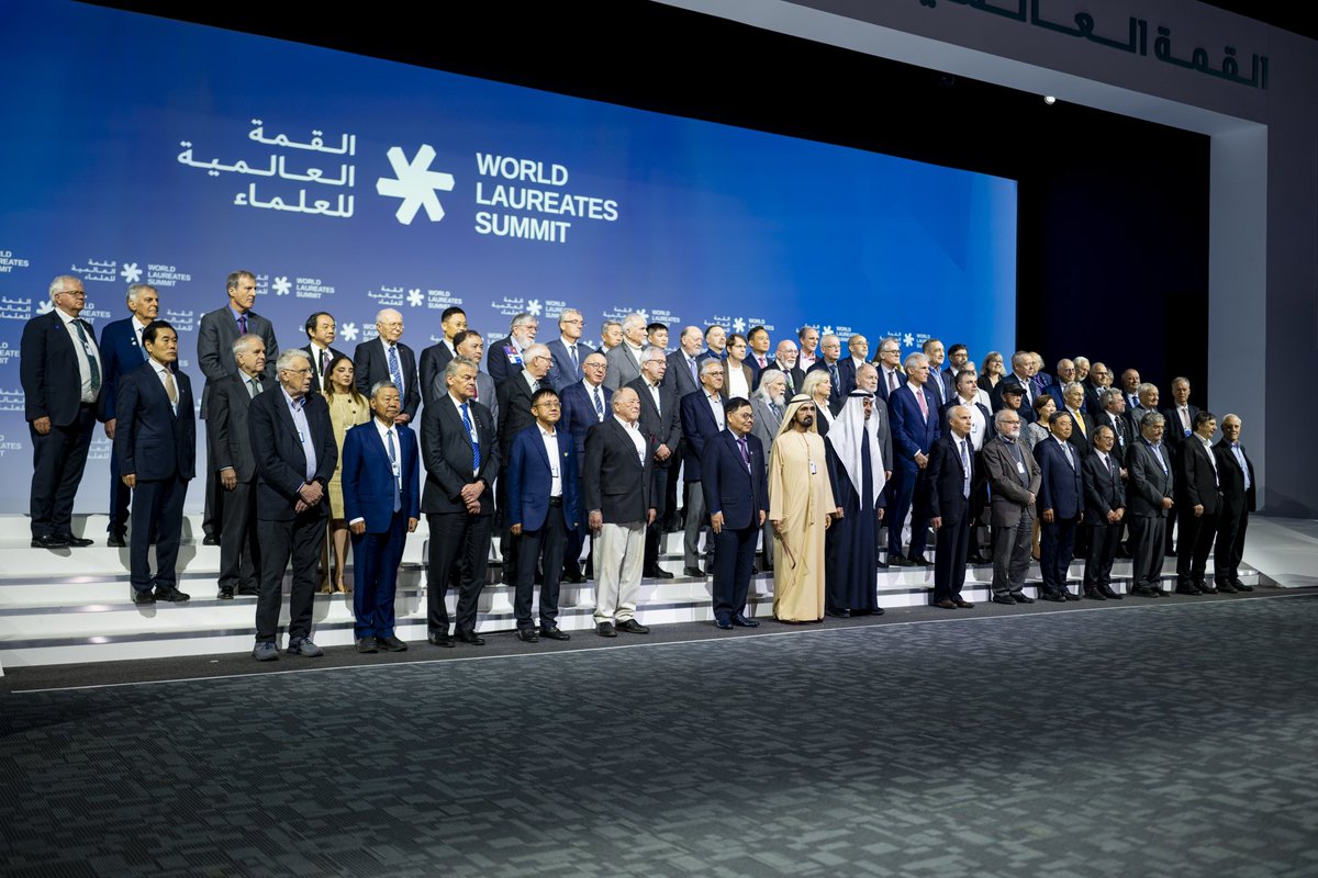 MohamedBinZayed's tweet photo. Today I joined my brother Mohammed bin Rashid at the World Laureates Summit in Dubai, where over 100 Nobel laureates and recipients of prestigious scientific honours came together in the spirit of cooperation to discuss collective solutions to global challenges. Recognising the critical importance of innovation and knowledge exchange, the UAE is committed to further investing in education and scientific research to drive future-focused progress and advance global prosperity.