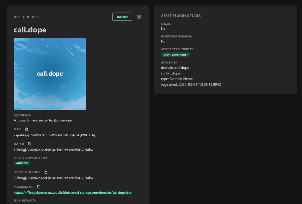 jadoncarter's tweet image. the .dope domains now has images too via @superdopelabs 

TX: core.metaplex.com/explorer/7YpoM…