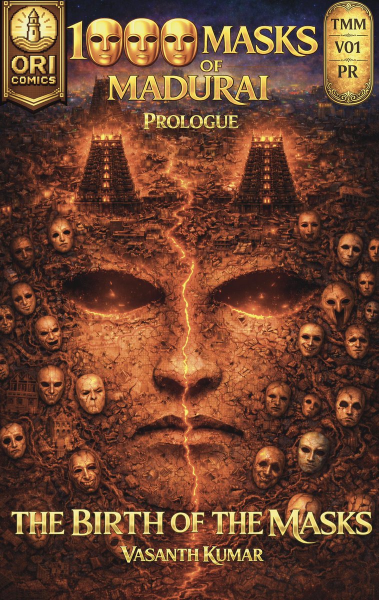 OriComics's tweet photo. Here’s the front cover page of the Prologue issue of our very first franchise ‘1000 Masks of Madurai’ 

🚨 Prologue issue will be completely free for everyone and launching soon! 

🚨 Prologue will introduce you the lore and world of mythical Madurai and the birth of the masks! https://t.co/lWrRTEAU2o