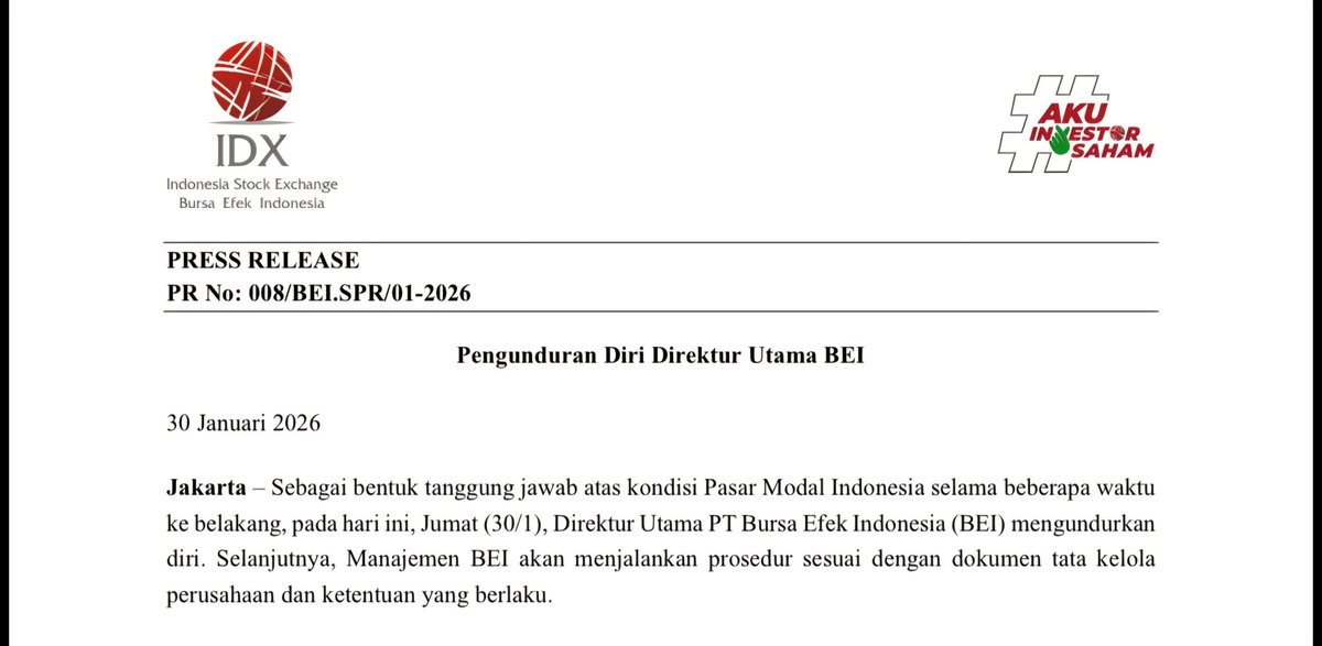 firmansy_id's tweet photo. Petinggi BEI-OJK Mundur

Tekanan besar menimpa Industri finansial. Setelah dpt peringatan dr MSCI, IHSG rontok 2 hari berturut turut [28-29/1].  Goncangan di pasar modal kemudian berlanjut diikuti aksi pengunduran diri serentak Dirut BEI dan Ketua OJK &amp; Wakilnya pd Jumat [30/1]. https://t.co/L6r684Grgf