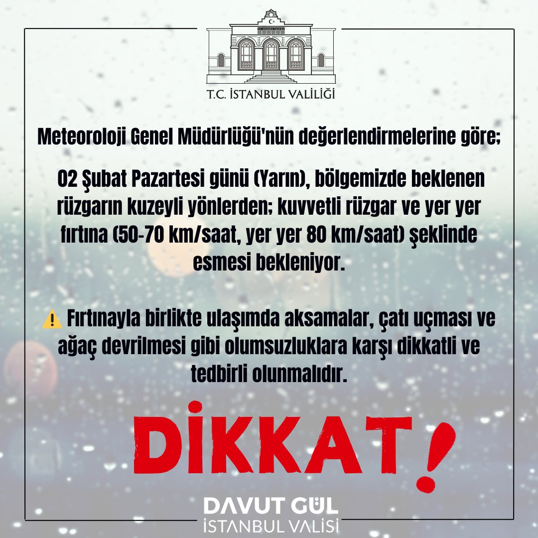 Meteoroloji Genel Müdürlüğü'nün değerlendirmelerine göre;

✅ 02 Şubat Pazartesi günü (Yarın), bölgemizde beklenen rüzgarın kuzeyli yönlerden; kuvvetli rüzgar ve yer yer fırtına (50-70 km/saat, yer yer 80 km/saat) şeklinde esmesi bekleniyor.

⚠️🌪️ Fırtınayla birlikte ulaşımda