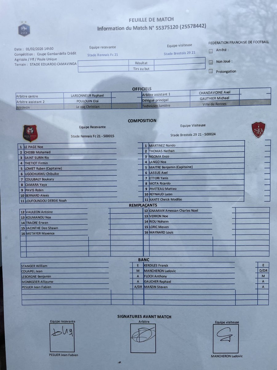 SCOUTviews's tweet photo. La feuille du match entre Rennes et Brest pour ce 16e de finale de #Gambardella. Coup d’envoi 14h30 à la Piverdière. https://t.co/X01Ao4qyLu