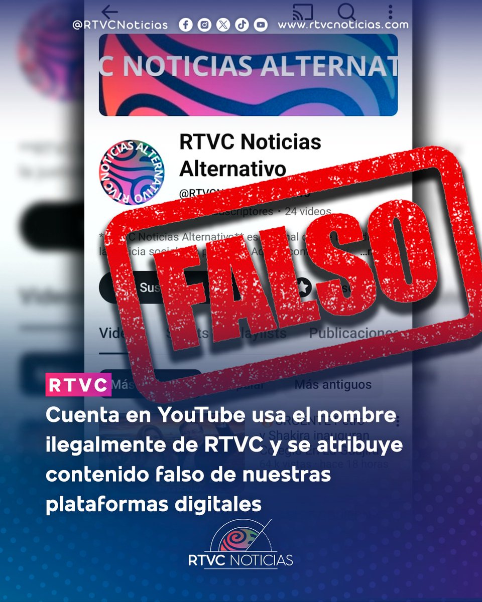 RTVCnoticias's tweet image. 🚨¡ATENCIÓN! 🚨 No se deje engañar, un nuevo canal de YouTube hace uso indebido del nombre de RTVC Noticias, para compartir información falsa de nuestras plataformas digitales en su canal.

👉 Tenga en cuenta el canal oficial de RTVC Noticias en YouTube, antes de compartir…