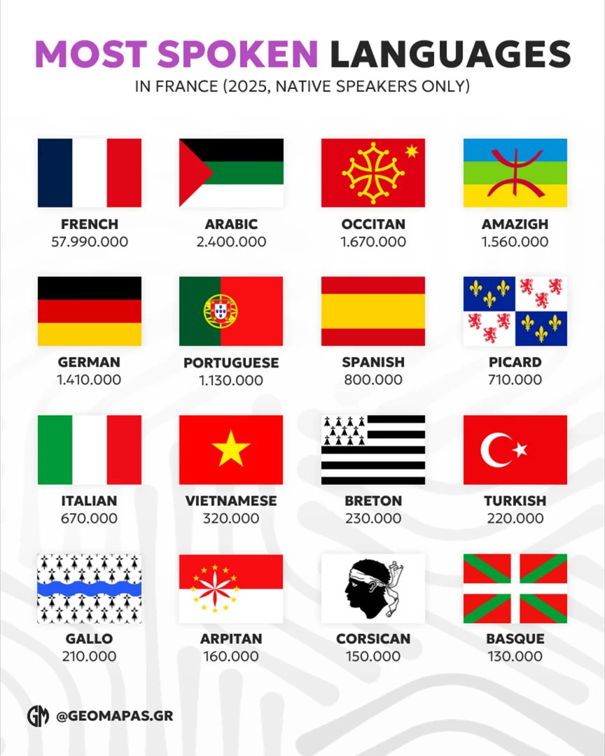 🇫🇷 France: Most spoken languages by native speakers.