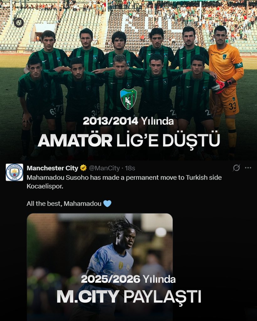 birazzfutboll's tweet photo. Kocaelispor...

2013/14’te amatöre düştü.
2025/26’da Manchester City paylaşım yaptı.

Bu bir transfer hikâyesi değil.
Bu, küllerinden doğan bir kulübün hikâyesi. https://t.co/wI0my6M7JW