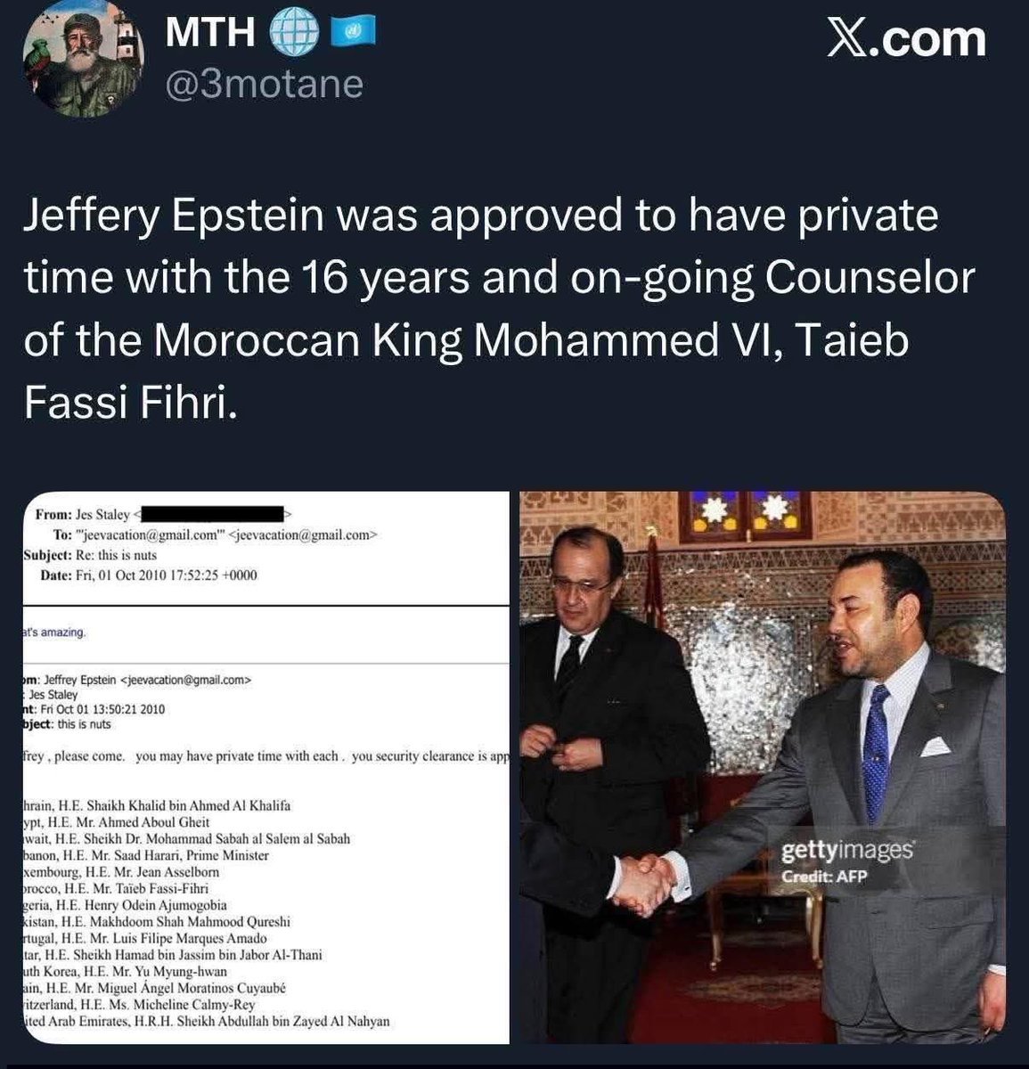 hamid1259's tweet photo. تسريبات خزانة العدل الأمريكية تخرج لنا فضيحة مدوية تضرب القصر الملكي 

الملك محمد السادس و مستشاره كانا يبيعان الأطفال المغاربة🇲🇦 لتمارس عليهم الفاحشة في جزيرة رجل الأعمال ابستين! https://t.co/dUx9gixt46