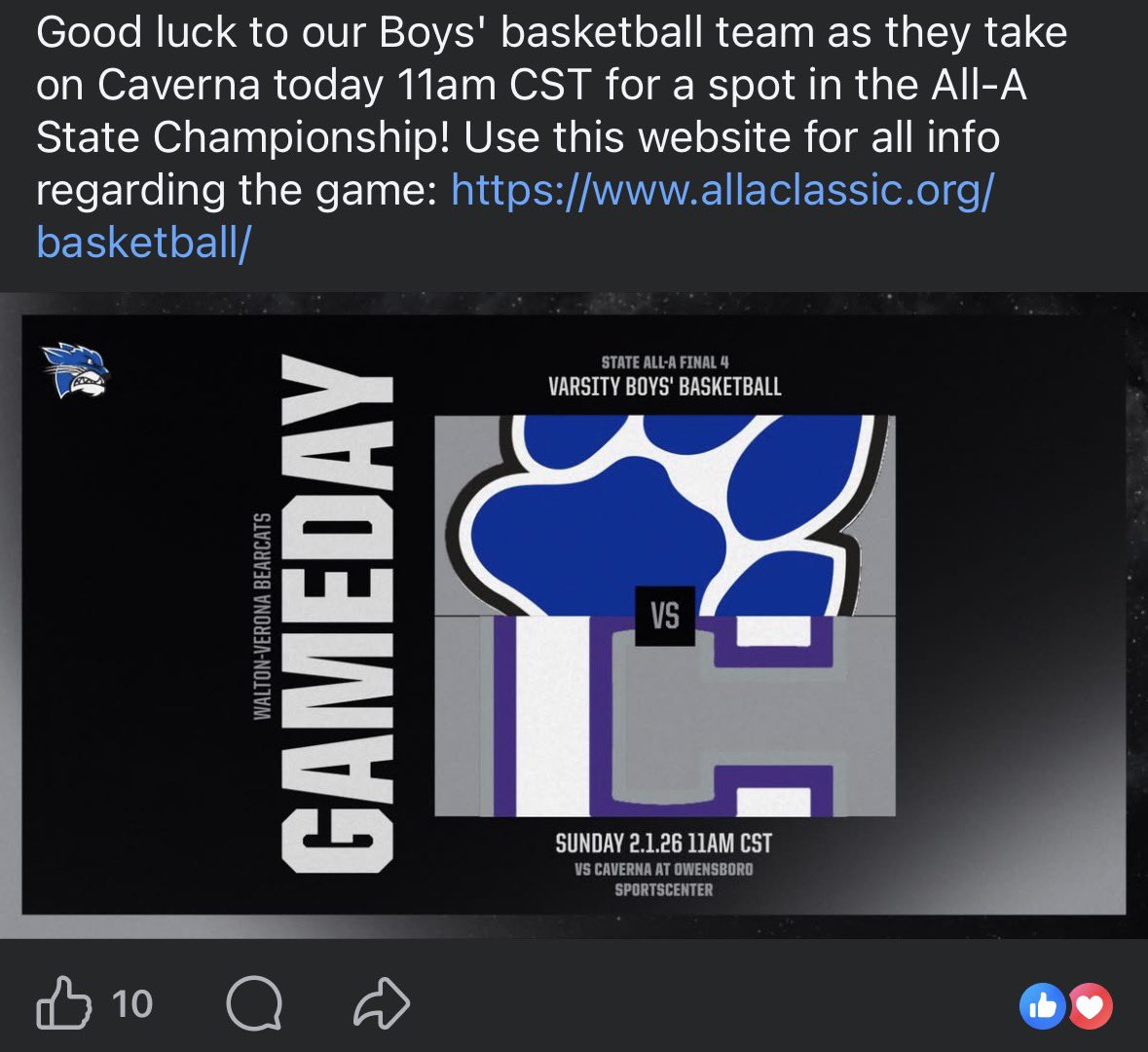 Good luck today to The Cheerleaders are competing for a National Chanpionship at finals, and the boys basketball team is competing for an All A State Chanpionship today starting with their semifinal game this morning! Go Bearcats!! #oneheartbeat