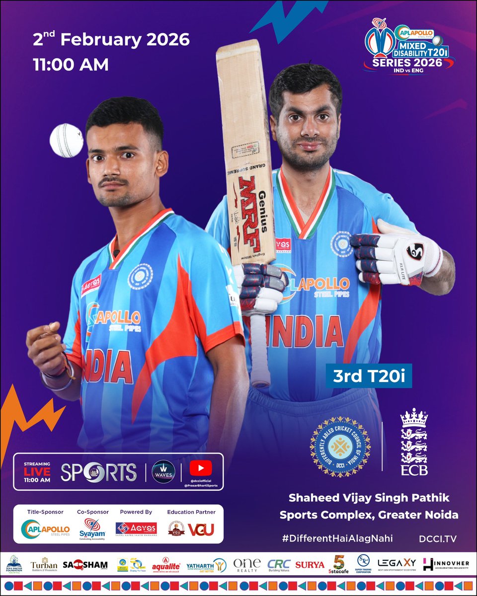 dcciofficial's tweet photo. All set for the 3rd T20i ๐ฅ๐
India vs England returns to the field as the series heats up at Greater Noida.
๐ Shaheed Vijay Singh Pathik Sports Complex
โฐ 11:00 AM | ๐
2 February 2026
@JayShah @ICC @BCCI
#DifferentHaiAlagNahi #DCCI #MixedDisability #CricketForAll https://t.co/cL2HHIrthe
