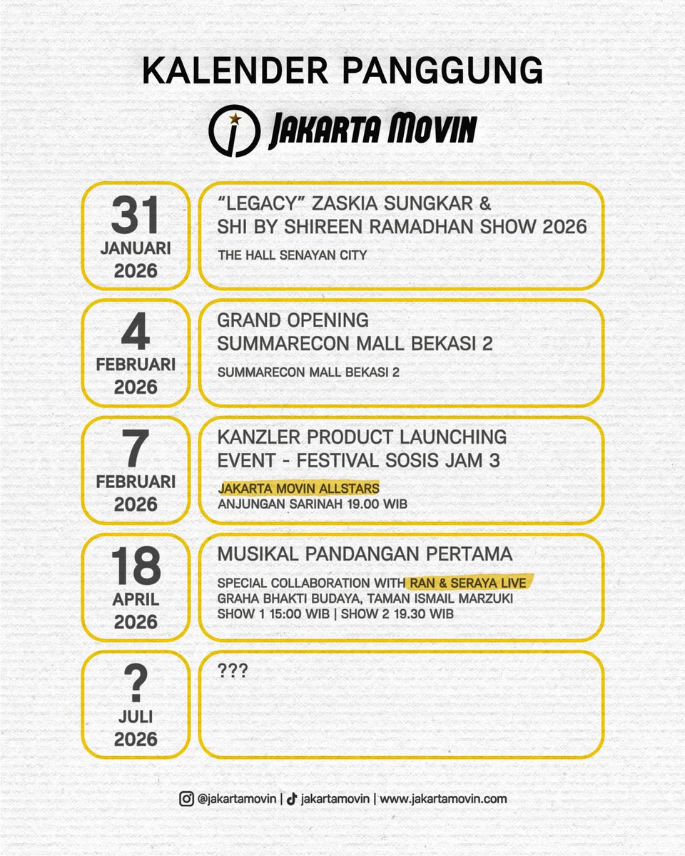 Ini dia panggung-panggung yang akan dimeriahkan Jakarta Movin dan Jakarta Movin Allstars! ✨💫

Diperhatikan info jadwalnya satu-satu yaah, kalau ada yang mau ditanyain reply tweet ini!  👀🔥