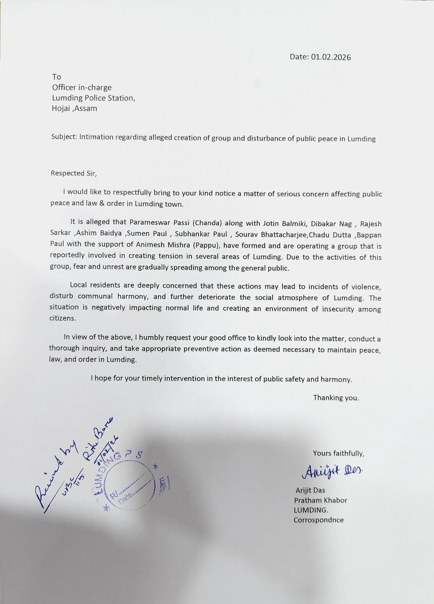 Arijitjournal's tweet photo. Lumding people and journalists are not safe.Goons are repeatedly issuing threats on social media and carrying out physical attacks to spread fear.
This lawlessness is destroying Lumding’s peaceful atmosphere.
Immediate police action is needed @himantabiswa @PMOIndia @CMOffice https://t.co/6V7lZAEUcJ
