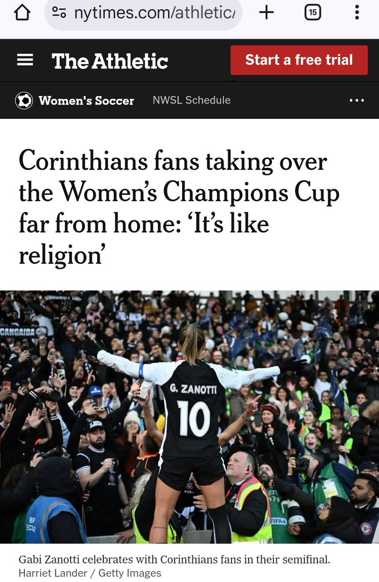 Vessoni's tweet photo. New York Times:

Corinthians fans taking over the Women’s Champions Cup far from home: ‘It’s like religion’ 

(Torcedores do Corinthians assumem o controle da Copa dos Campeões Feminina longe de casa: ‘É como uma religião’)

https://t.co/VyKwlHYDPz

#Corinthians https://t.co/KbIS9yrqki