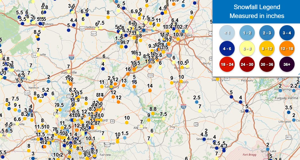 A truly remarkable event for the NC Piedmont yesterday. I can't get over it.

The I-85 corridor between Greensboro and Charlotte got over a *foot* of snow!

For many in this area, it's their biggest snowstorm since 2018 or even 2004.