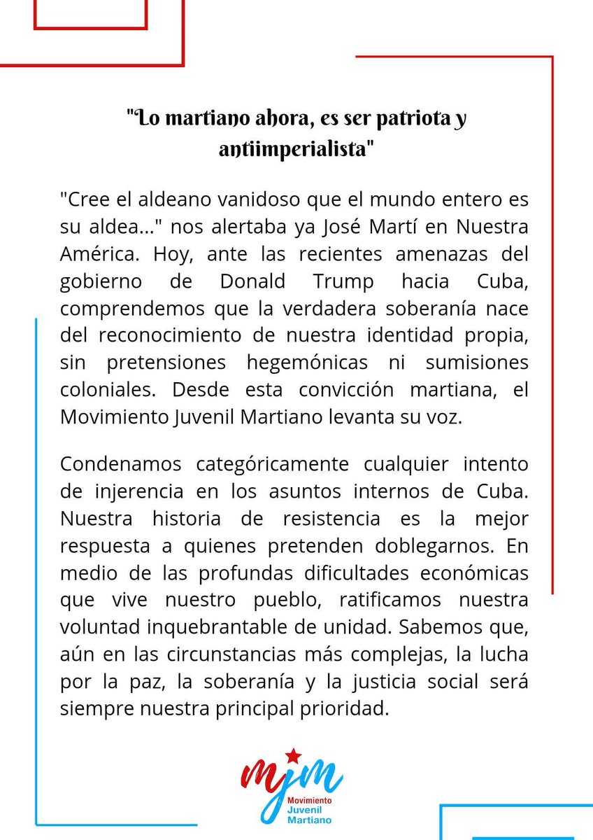 isla_mjm's tweet photo. Frente a quien pretende ejercer su mando como si el mundo fuera su patio, frente a políticas que rozan la arrogancia y la prepotencia, reafirmamos nuestra dignidad e ideal antiimperialista, martiano y fidelista, defendemos nuestra soberanía y la Patria
@ComiteUJCIsla @UJCdeCuba https://t.co/lZAsviWHfT