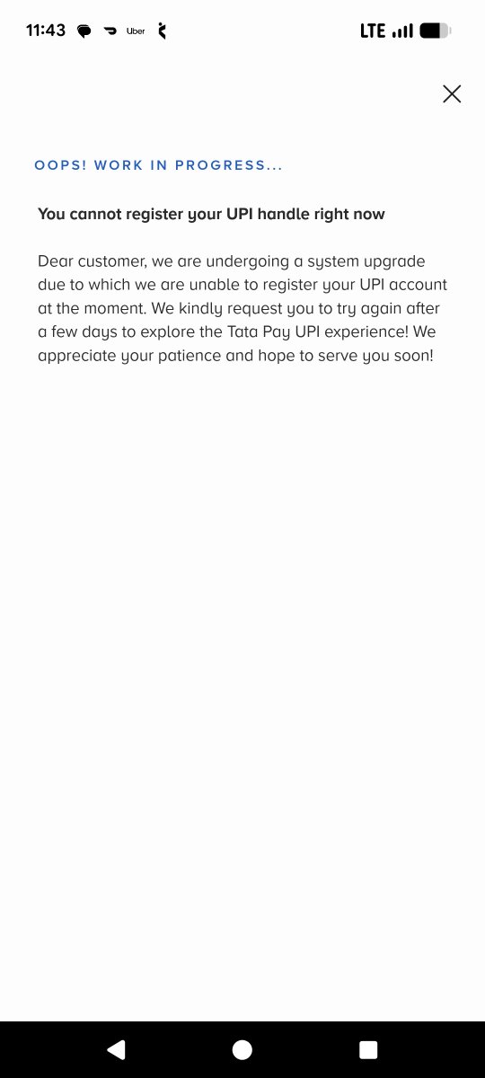 VijoyBasu's tweet photo. @tata_neu unable to make UPI payments or bill payments as UPI is not working, msg says will take days to resolve.... #pathetic  a basic UPI feature can't be fixed quickly and it NEEDS Several days #poor https://t.co/pa51X58YBV