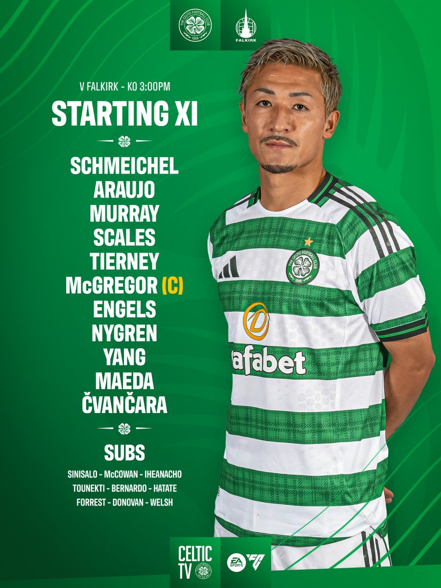 CelticFC's tweet image. 😏 Our starting XI to face Falkirk.

#CELFAL | #CelticFC🍀