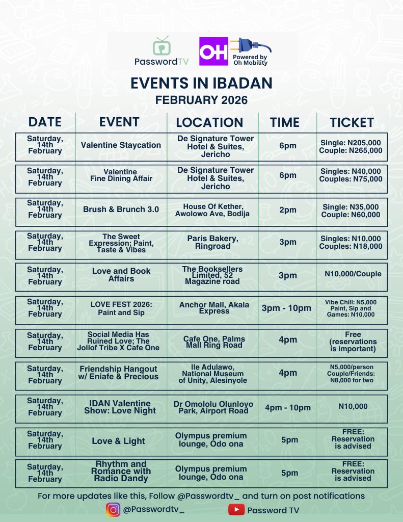 passwordtv__'s tweet photo. Events in Ibadan
February 2026
Powered by: @ohmobility 

Kindly Repost 🔁

1/5

#EventsInIbadan #FebruaryInIbadan #IbadanEvents #PasswordTV #Ohmobility https://t.co/OfHdLbWEyf