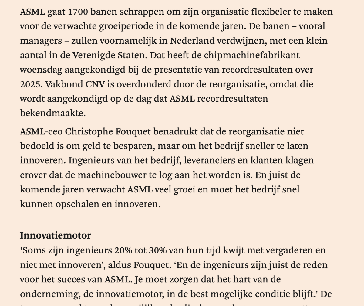 Coalitie van <a href="/RobJetten/">Rob Jetten</a> kan beter het daadkrachtige optreden van Franse CEO van ASML volgen. Die ontslaat 1.700 Nederlandse vergadertijgers omdat het technische talent nu 30% van de tijd bezig is met vergaderen. Dit moet bij de NL overheid ook gebeuren i.p.v. extra ambtenarij.