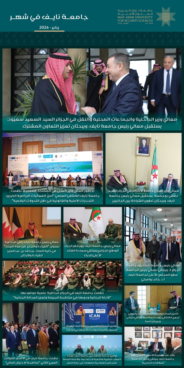 ملامح من جهود #جامعة_نايف_العربية خلال شهر يناير 2026م، في إطار تنفيذها للإستراتيجيات والخطط الأمنية العربية.