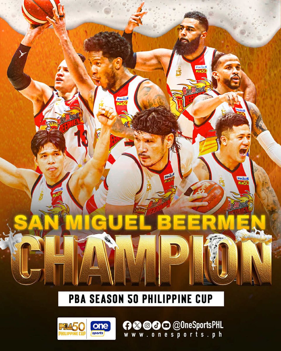 OneSportsPHL's tweet image. KOPONANG WALANG KATULAD 🏆🍻

The San Miguel Beermen rise above the rest to claim their 31ST PBA TITLE, conquering the TNT Tropang 5G in Game 6 of their hard-fought best-of-seven clash to reign supreme in the PBA Season 50 Philippine Cup!

#PBA50 #PBA50LID #PBAFinals