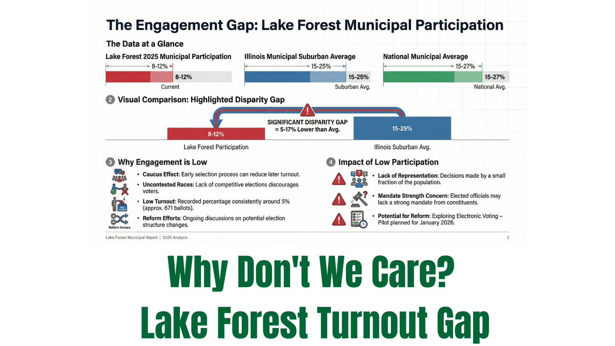 Why Don't We Care? Lake Forest municipal/Caucus turnout stuck at ~8-12% (some votes ~5%), 5-17% below IL suburban (15-25%) &amp; national (15-27%) averages. Uncontested races mean a tiny group decides for all. What's keeping us from voting locally? Thoughts? 🗳️