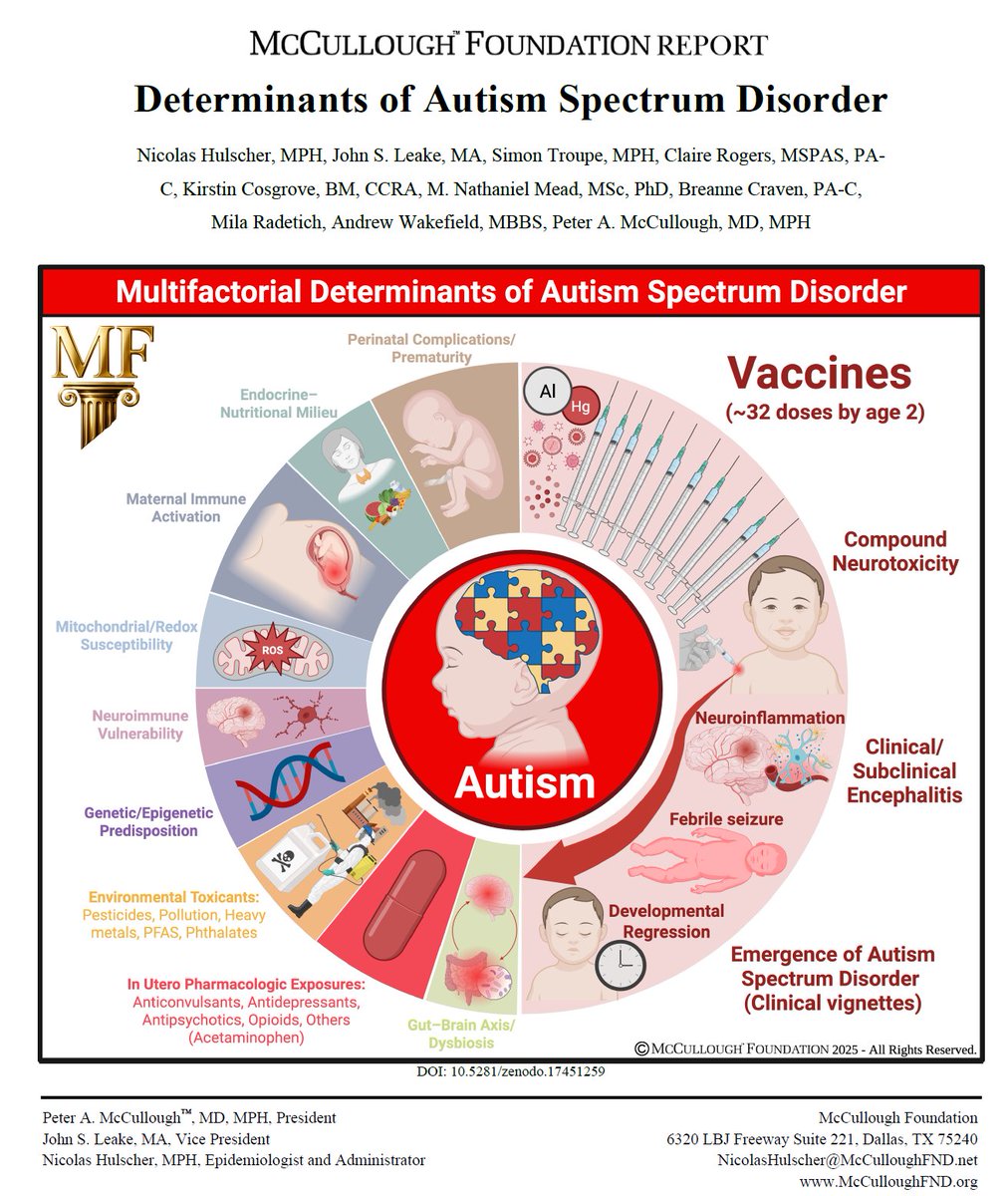 McCullough Foundation Report:  Determinants of Autism Spectrum Disorder

In susceptible children, routine childhood vaccination is a risk factor for autism.  <a href="/McCulloughFund/">McCullough Foundation</a> 

Citation:

Nicolas Hulscher, MPH, John S. Leake, MA, Simon Troupe, MPH, Claire Rogers, MSPAS, PA-C,
