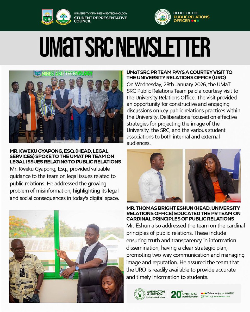 UMaT SRC PR Team visits the University Relations Office (URO) to engage in insightful discussions on effective public relations within the University community. The meeting focused on strategic communication and the importance of transparency in information dissemination.