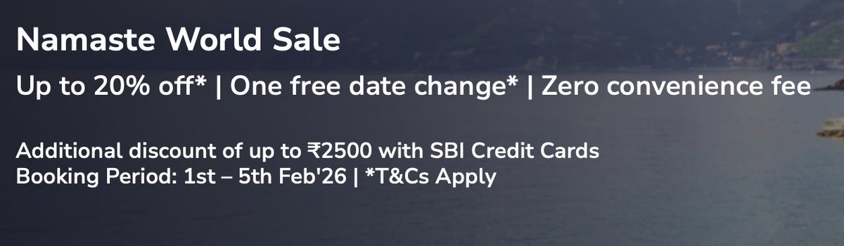 #JetSetDeals

<a href="/airindia/">Air India</a> Namaste World Sale is live.

I have always used this offer period to book tickets in advance.  One free date change and 0 convenience fee (vs std 50% off) is a welcome addition.

Great for booking <a href="/AirIndiaX/">Air India Express</a> flights too, now showing and bookable via AI web