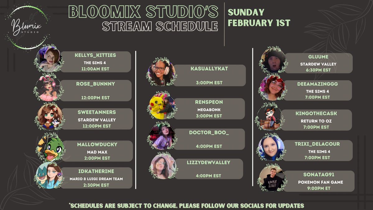 Check out our lineup of streamers going Live ~*• February 1st •*~  on their channels