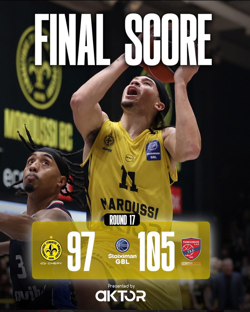𝑭𝒊𝒏𝒂𝒍 𝑺𝒄𝒐𝒓𝒆 97-105

Presented by: AKTOR Group 

#maroussibc #MaroussiChery #WeChangeTheGame #StoiximanGBL