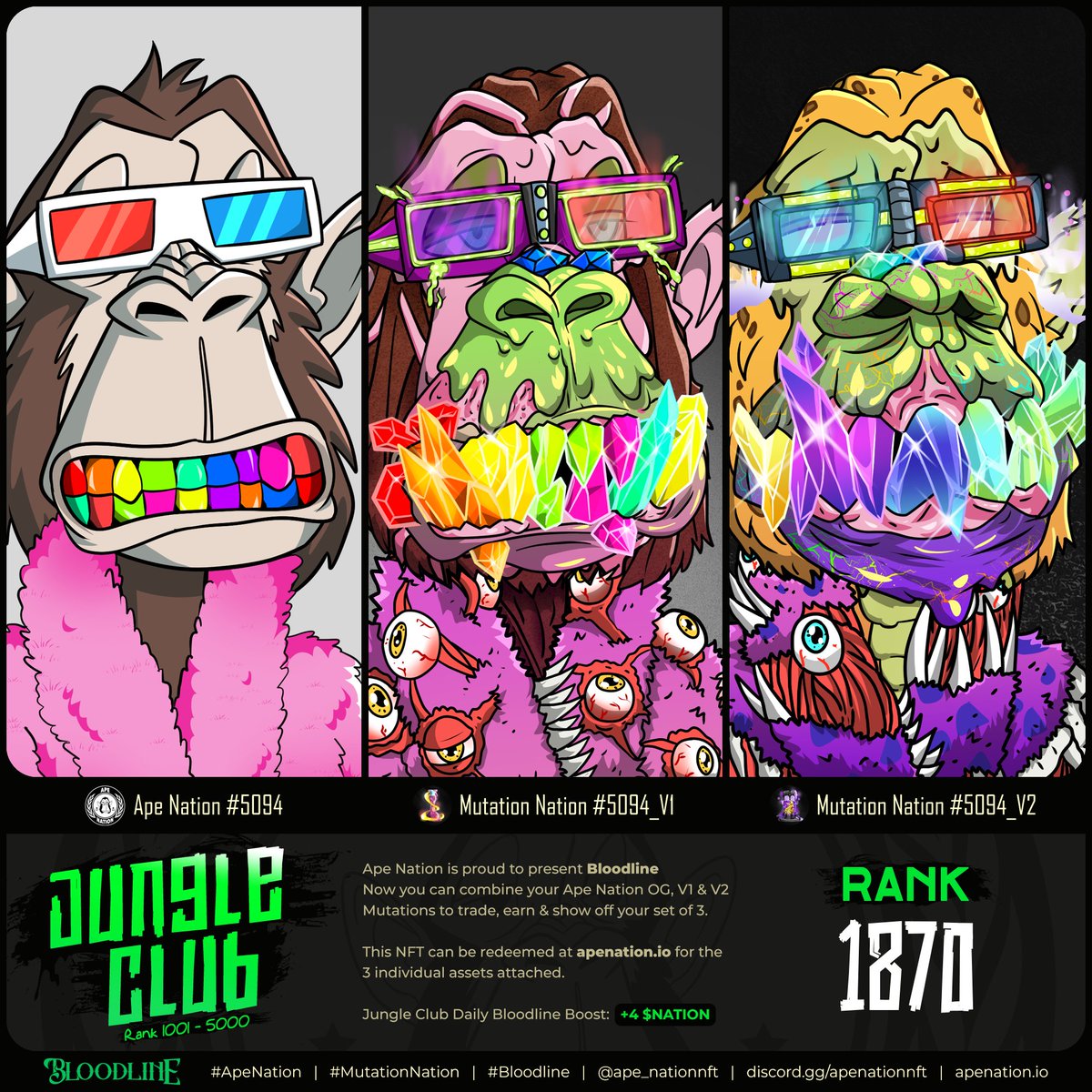 GM Web3 ☀️

Less than 12 hours to Mint Bloodline before it closes for good 🔒

Don't let your set of 3 collect dust, showcase them in ONE NFT

Mint here 👉apenation.io/bloodline

Latest Bloodline Mint 🔥