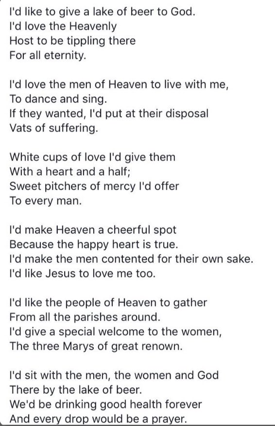 from his 1989 collection ‘Love of Ireland - Poems from the Irish’. ‘Saint Brigid’s Prayer’, trans Brendan Kennelly #BrigidsDay 
‘I’d sit with the men, the women and God, There by the lake of beer, We’d be drinking good health forever And every drop would be a prayer’.