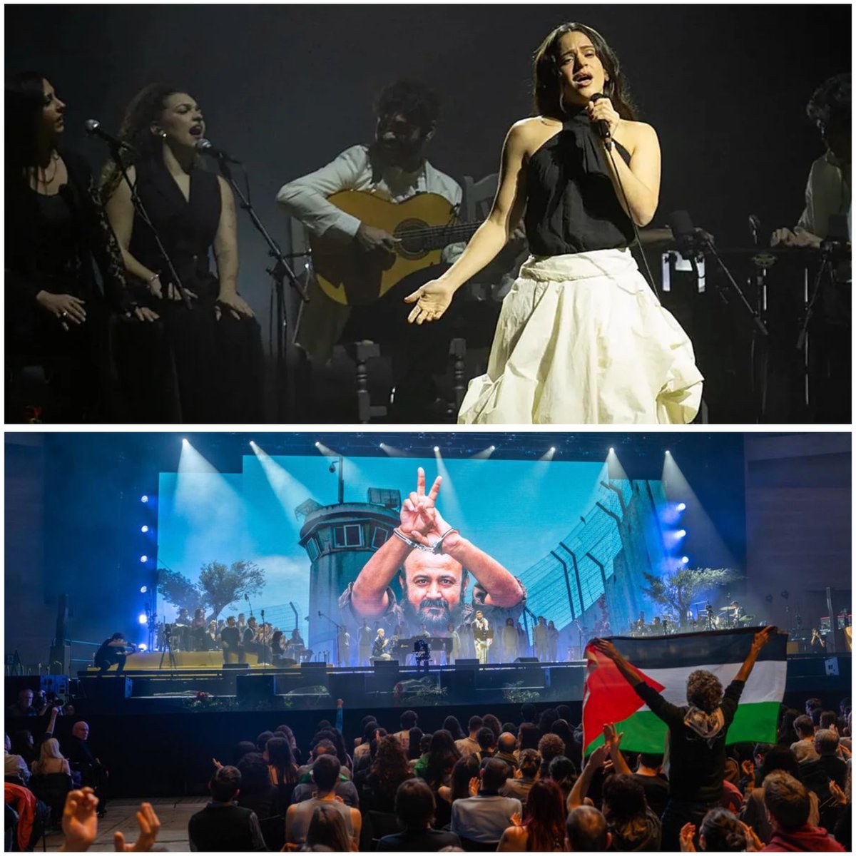 HenMazzig's tweet photo. Thousands of people cheered for convicted murderer Marwan Barghouti at a Free Palestine concert in Barcelona.

The event, organized by Act X Palestine and featuring Rosalia, had no issue inviting Barghouti’s son to speak.

Attendees called for the release of Barghouti, who is serving multiple life sentences for orchestrating attacks that killed 4 innocent Israelis and a Greek monk during the Second Intifada. These are only the murders Israel was able to prove; he is also suspected of 33 other attacks that killed 21 more Israelis.

The same artists, musicians and activists who remained silent when Jewish babies were taken hostage and murdered are now advocating for the freedom of a convicted murderer.

Stop pretending this is about human rights. It never was.