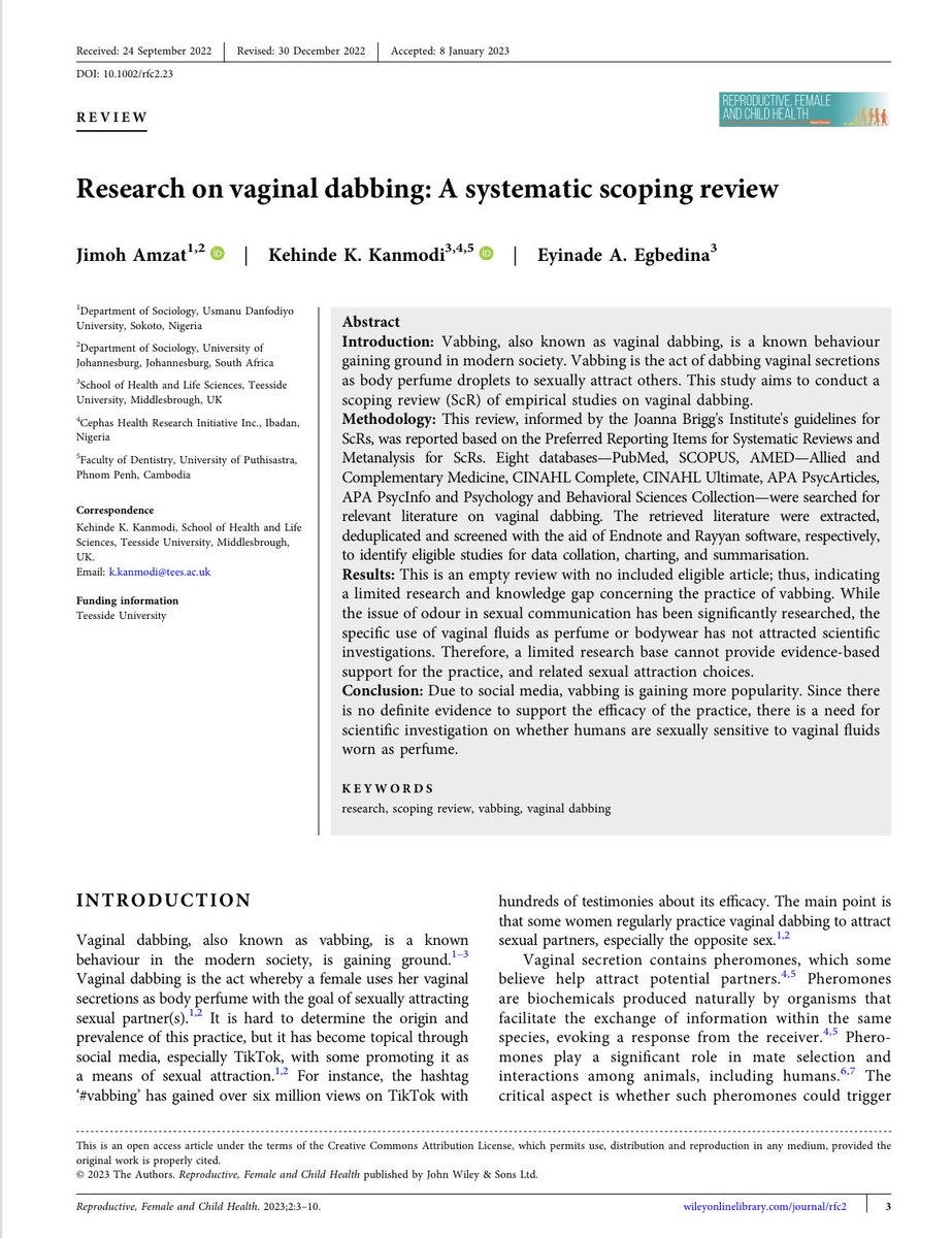Investigación sobre el dabbing vaginal (práctica cada vez más extendida en la sociedad moderna) : una revisión sistemática de alcance

Reproductive, Female and Child Health

onlinelibrary.wiley.com/doi/epdf/10.10…