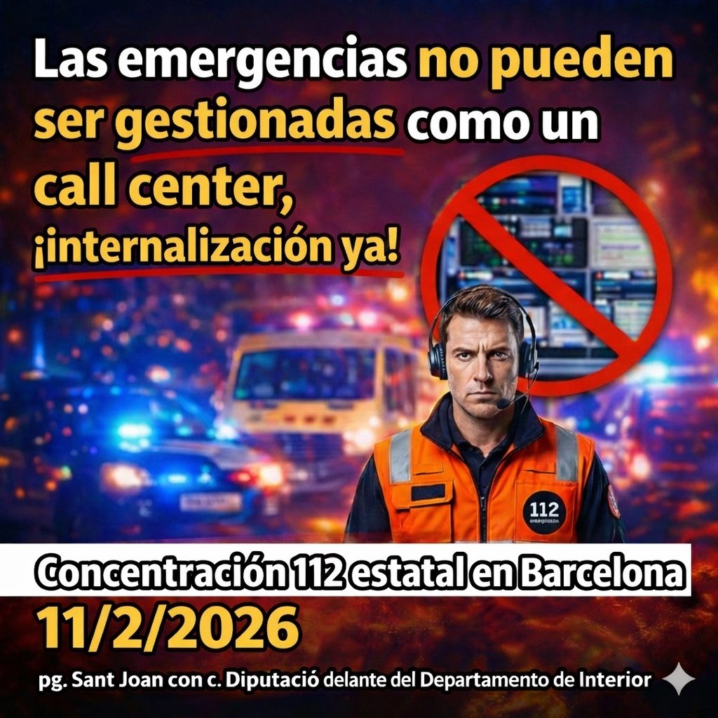 #112EnLluita✊

Torne’m-hi!🔄

#112Emergencies #Emergencies #Vaga112 #Vaga112Catalunya #112Catalunya #ServeiPublic112 #NoALaExternalitzacio #EnCatala #EnCatalà #Catalunya #Cataluña  #Catalonia #LHospitaletDeLlobregat #Barcelona #Reus #Lleida #Tarragona