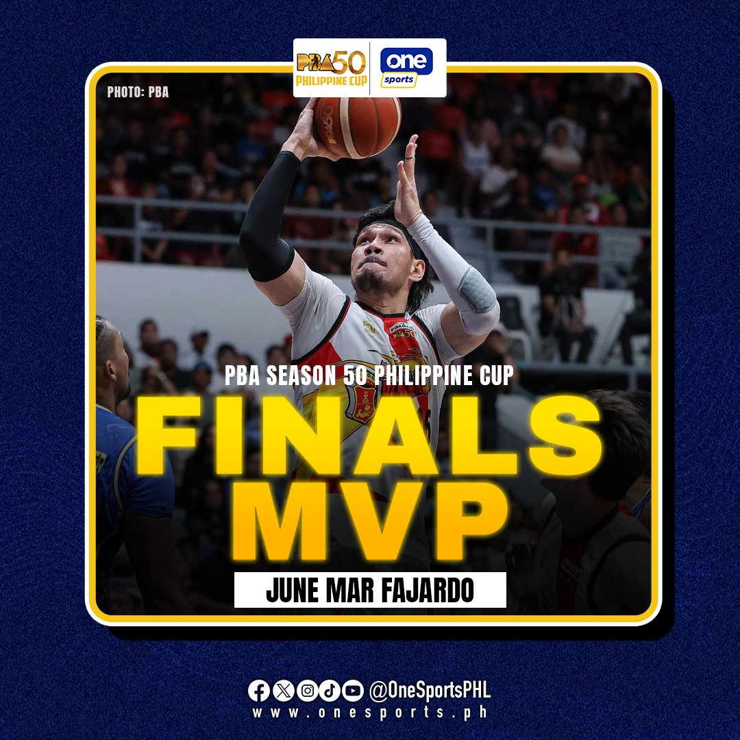 OneSportsPHL's tweet photo. IKAW NA TALAGA ABAI 🏆🏆🏆🏆🏆

June Mar Fajardo becomes the first-ever recipient of the Ramon Fernandez Trophy winner as PBA Season 50 Philippine Cup Finals MVP!

#PBA50 #PBA50LID #PBAFinals https://t.co/3l4zbZ83yC
