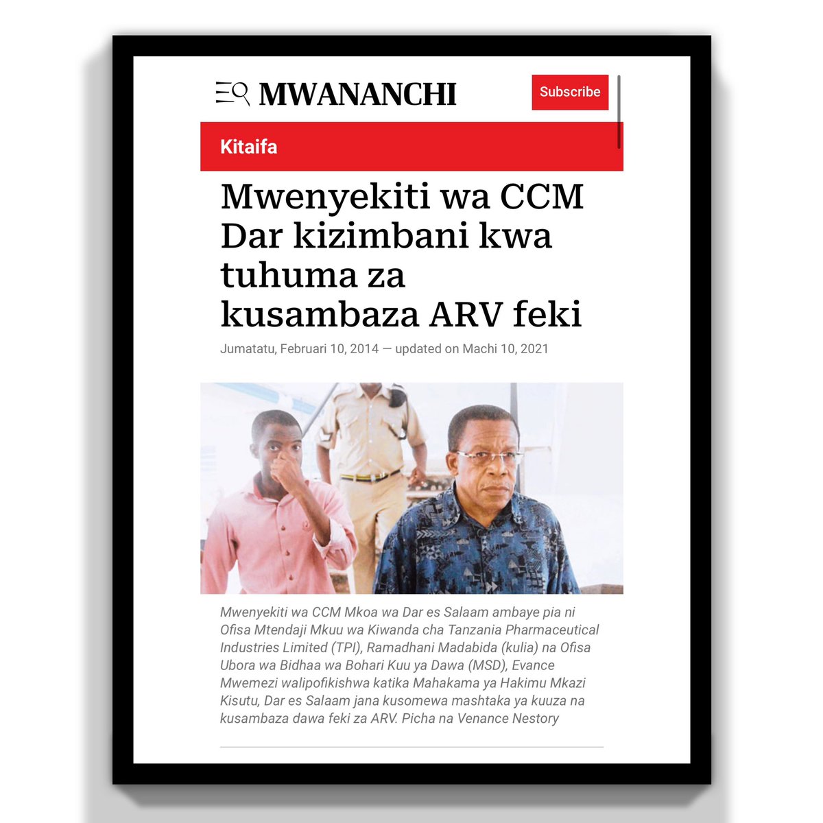 . <a href="/wizara_afyatz/">Wizara ya Afya Tanzania 🇹🇿</a> tujadiliane kidogo.

Ramadhan Madabida akiwa Mwenyekiti wa CCM Dar es Salaam na Ofisa Mtendaji Mkuu wa kiwanda Tanzania Pharmaceutical Industries Limited (TPI) kilichoko Njiro jijini Arusha, 10 Februari 2014 alikamatwa na kushtakiwa kwa kusambaza ARV bandia