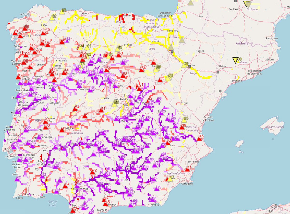 Carte de prévisions (global-flood.emergency.copernicus.eu) pour l'Espagne 🇪🇸 et le Portugal 🇵🇹 assez inédite, avec la majorité des cours d'eau en crue, pour une durée de retour 20 ans 🟣 au moins ... beaucoup de scénarios avec probabilité à 100% dans la moitié sud.
ℹ️ -> 🟡2ans🔴5ans 🟣20 ans