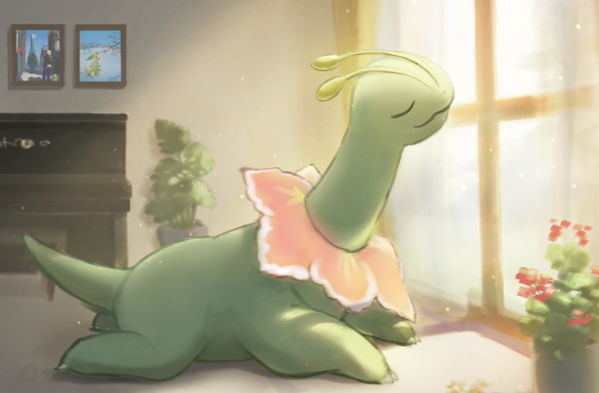 窓辺で日光浴なメガニウムさん
#ポケモンイラスト
