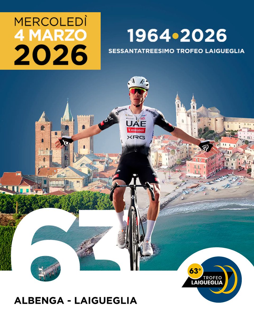 CCIAARIVLIG's tweet photo. @il_Laigueglia
🚴♂️ 4 MARZO 2026: TORNA IL TROFEO LAIGUEGLIA
63ª edizione della grande classica ligure.
🤝 PARTENZA DA ALBENGA, ARRIVO A LAIGUEGLIA
Per la prima volta in 63 anni, due città unite per una grande classica del ciclismo.
#TrofeoLaigueglia #Laigueglia #Albenga https://t.co/SuVfzXie4C
