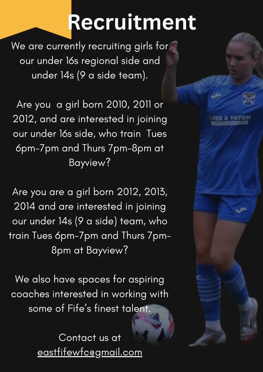 We are looking to add players to our under 14 (9 a side) and under 16 sides. If interested please email eastfiewfc@gmail.com 

We are also keen to recruit coaches to our set up. Experienced or looking to find a way into coaching, we will look after your development.