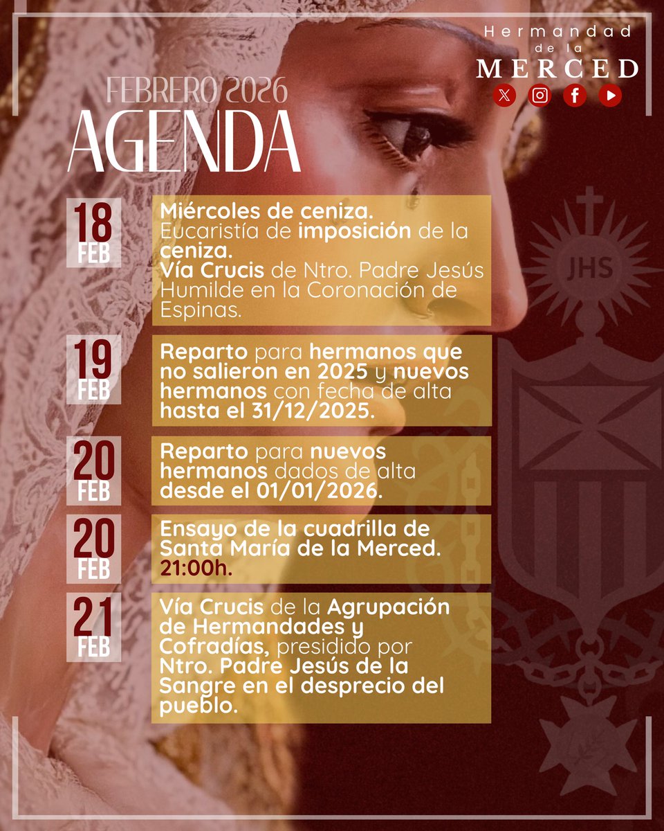 Hdad_Merced's tweet image. #𝑨𝑮𝑬𝑵𝑫𝑨𝑴𝑬𝑵𝑺𝑼𝑨𝑳 | Agenda mensual del mes de Febrero de 2026