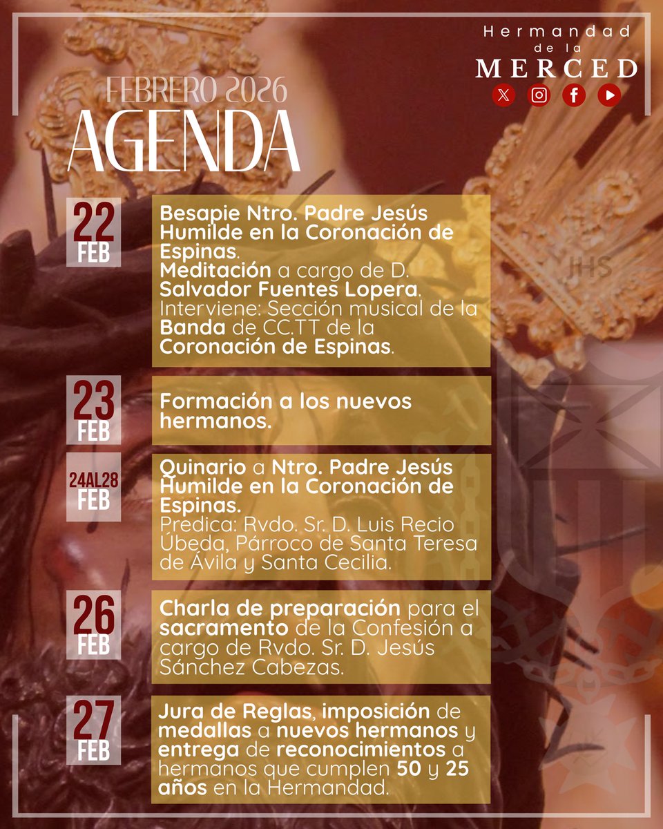 Hdad_Merced's tweet image. #𝑨𝑮𝑬𝑵𝑫𝑨𝑴𝑬𝑵𝑺𝑼𝑨𝑳 | Agenda mensual del mes de Febrero de 2026