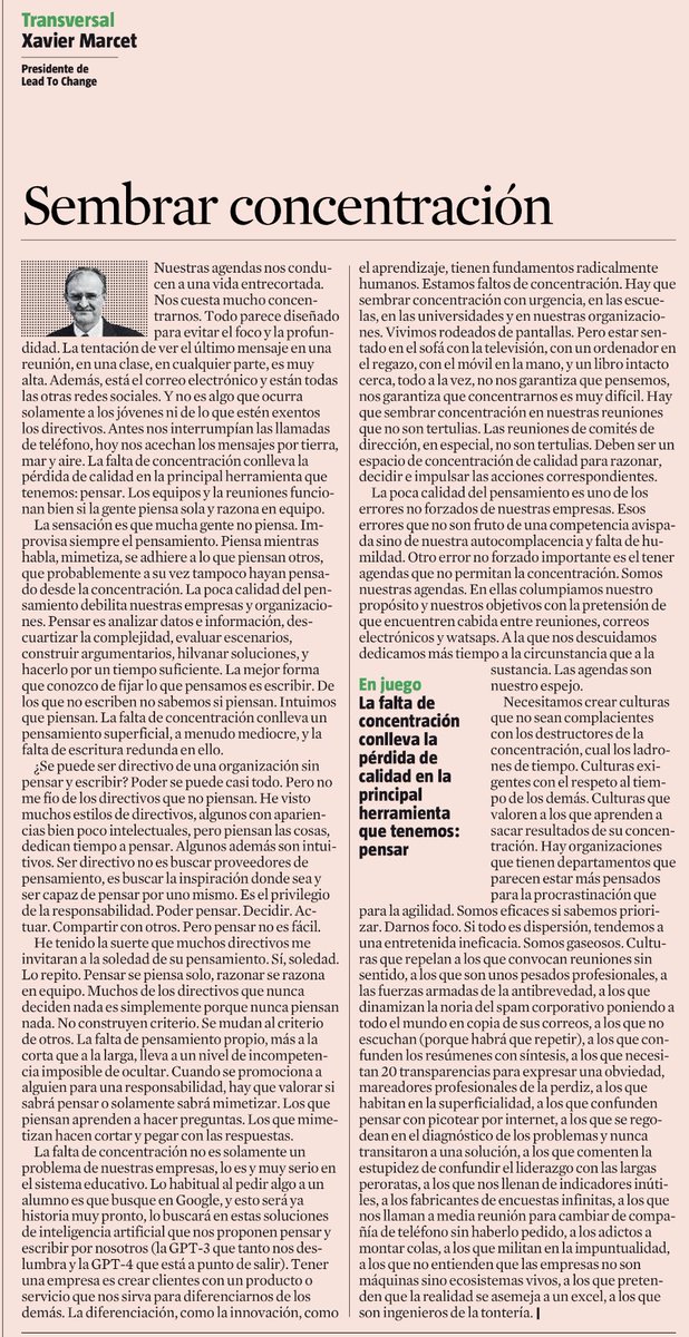 Liderazgo e ingeniería de la tontería, por destacar algo de esta excelente llamada a la necesidad de recuperar la concentración.
Personalmente, nada me molesta más que estar hablando y que mis interlocutores consulten sus teléfonos y ya, también, sus relojes. 
By <a href="/XavierMarcet/">Xavier Marcet</a>