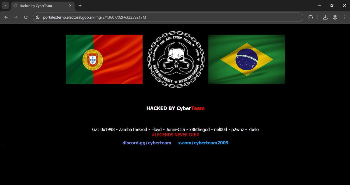 cyberteam2009's tweet photo. Justicia Nacional Electoral | Cámara Nacional Electoral - Argentina

Los sistemas del CNE/JNE han sido vulnerados. Javier Milei y su administración son vulnerables; demostraremos a Argentina la fragilidad informática del país.

site:https://t.co/uS8bSWMJhn
mirror:https://t.co/c3CdVoXDPF

#CyberTeam #CyberSecurity #CNE #JNE