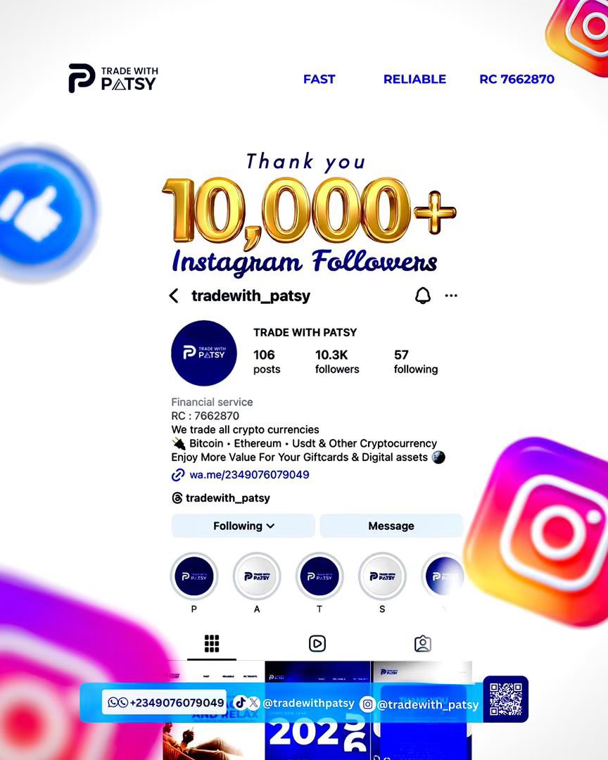TradewithPatsy's tweet photo. 10k+ IG followers & counting! 🚀 Trade crypto (BTC, ETH, USDT) & giftcards with Patsy 💙. Super fast, reliable payouts every time. Enjoy more value for your assets 💵
PayPal is active 💯
RC 7662870
Hit me up: +2349076079049
#TradeWithPatsy #Crypto #Bitcoin #GiftCard #P2PCrypto https://t.co/MjiYRPG9Gx